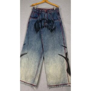 Vitriol Baggy Y2K Jeans Mens 31x31 Wide Leg Tribal Graphic Red Stitch Denim